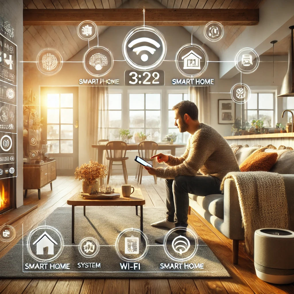 A man sitting in a sunlit living room, using a tablet while surrounded by digital icons representing smart home technology and Wi-Fi connectivity.